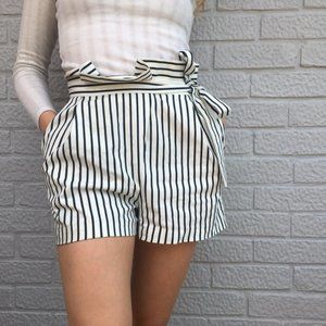 Zara Navy & White/Cream Striped Paperbag Shorts